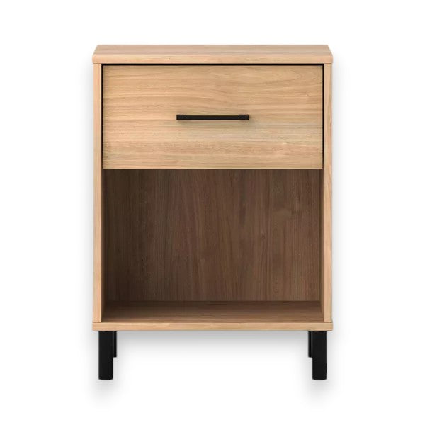 Mixed Material Dorm Nightstand – Natural Finish with Drawer, Open Shelf & Metal Legs - Yalz Store