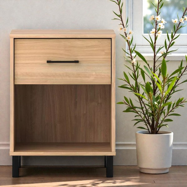 Mixed Material Dorm Nightstand – Natural Finish with Drawer, Open Shelf & Metal Legs - Yalz Store