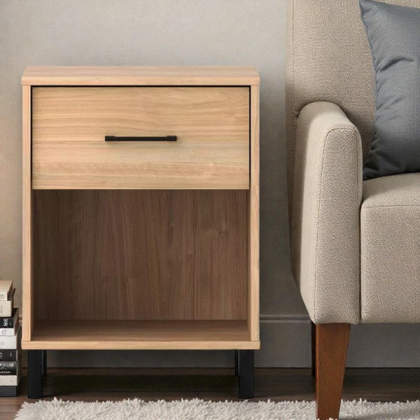 Mixed Material Dorm Nightstand – Natural Finish with Drawer, Open Shelf & Metal Legs - Yalz Store