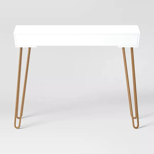 Hairpin Writing Desk with Storage White - Threshold: Brass Legs, Laminated Surface, Open Shelf
