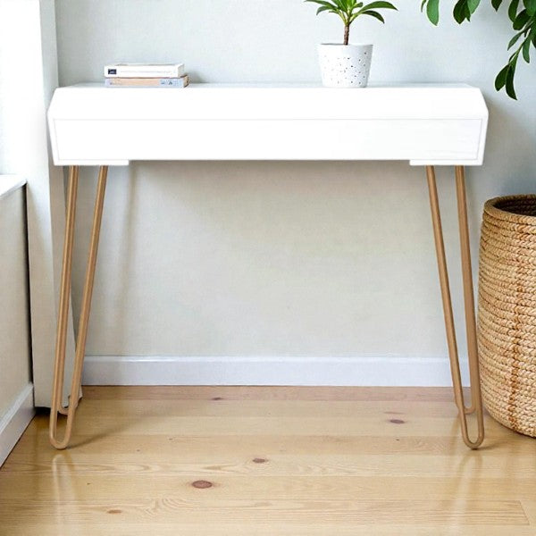 Hairpin Writing Desk with Storage White - Threshold: Brass Legs, Laminated Surface, Open Shelf - Yalz Store