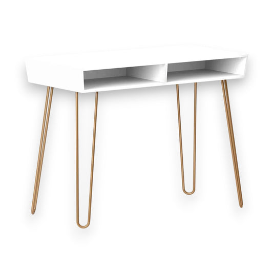 Hairpin Writing Desk with Storage White - Threshold: Brass Legs, Laminated Surface, Open Shelf - Yalz Store