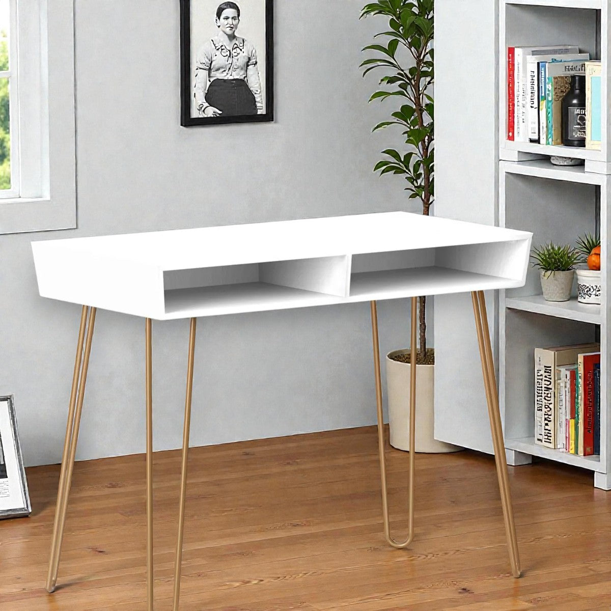 Hairpin Writing Desk with Storage White - Threshold: Brass Legs, Laminated Surface, Open Shelf - Yalz Store
