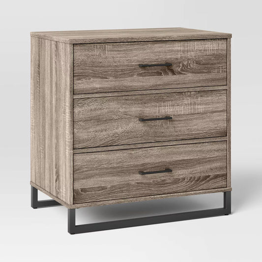 Mixed Material 3-Drawer Dresser – Light Gray Wash, Compact Modern Storage