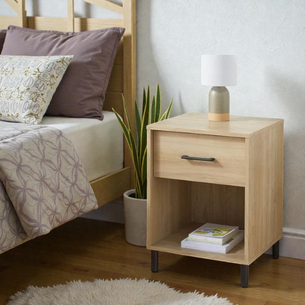Mixed Material Dorm Nightstand – Natural Finish with Drawer, Open Shelf & Metal Legs - Yalz Store