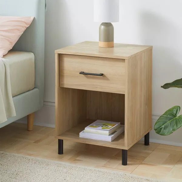 Mixed Material Dorm Nightstand – Natural Finish with Drawer, Open Shelf & Metal Legs