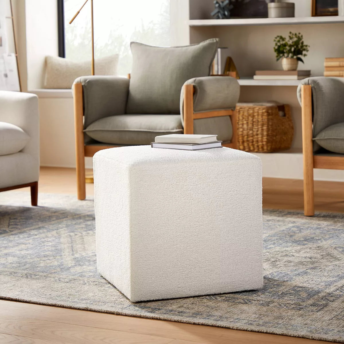 Lynwood Square Upholstered Cube Ottoman Faux Shearling Cream Boucle - Threshold designed with Studio McGee: Plywood Frame, No Assembly Required