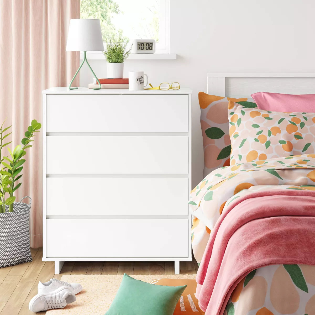 Modern White 4-Drawer Dresser with Laminated Finish and Anti-Tip Safety