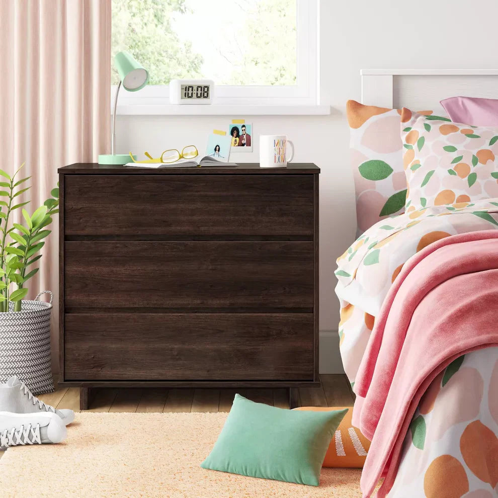 Modern 3-Drawer Dorm Dresser – Espresso Finish, Compact Storage, CARB Certified