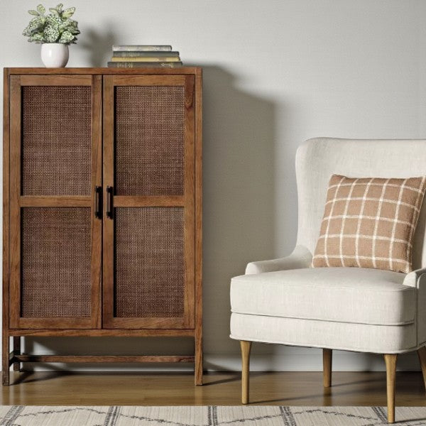 Warwick Library Cabinet Brown - Threshold: Rattan-Panel Doors, Hardwood, Storage, UPC 677446144737 - Yalz Store