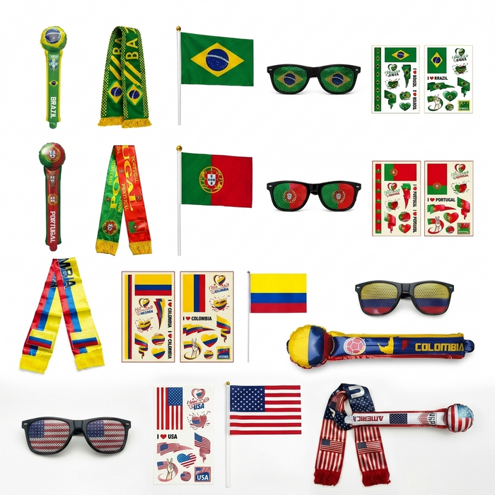 World Cup Fan Kit 5PCS Set Flag Scarf Balloon Glasses & 5 Tattoo Sheets