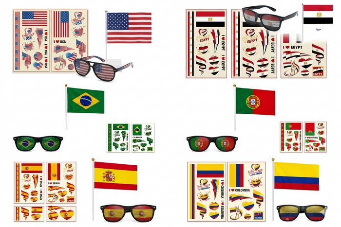 World Cup Fan Kit 3PCS Set Flag Glasses & 5 Tattoo Sheets