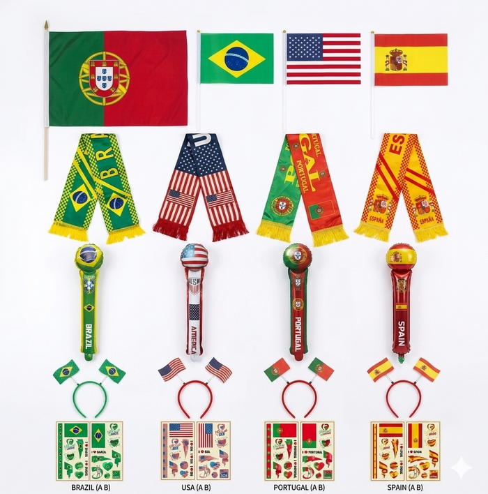 World Cup Fan Kit 5PCS Set Flag Scarf Hair Clips Ballon & 5 Tattoo Sheets