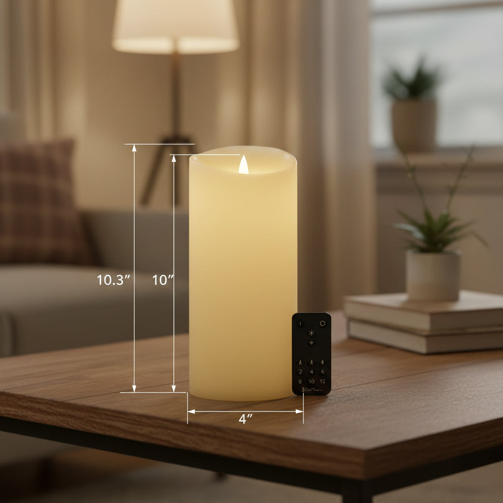 Flameless LED Pillar Candles with Remote Control, 4 x 10 Inch Real Wax Candles with 3D Flickering Moving Flame, Battery Operated, Indoor Home Decor, Ivory