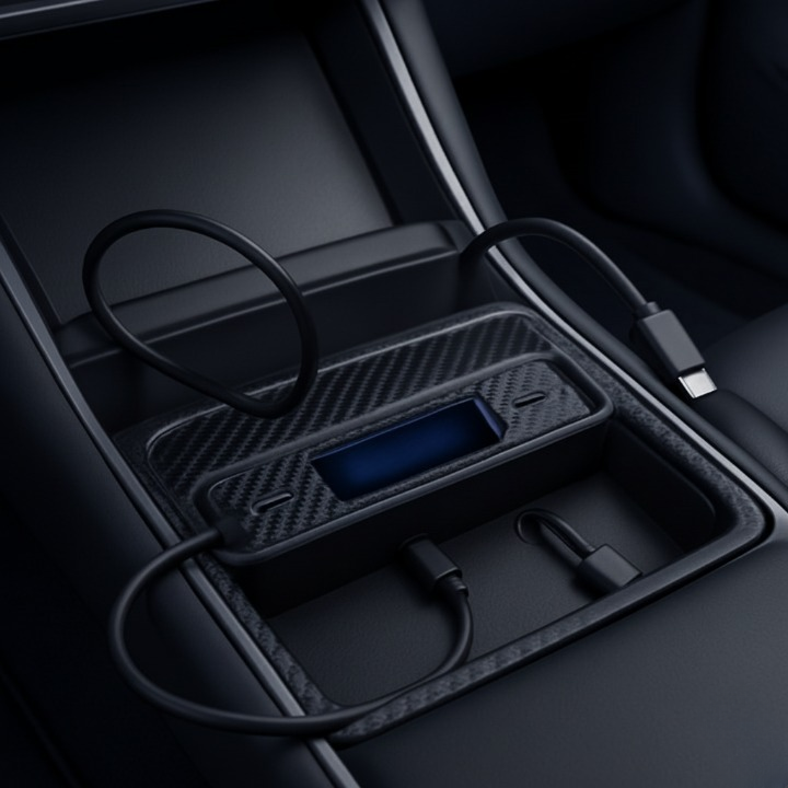 Dual USB-C Fast Charging Hub with Retractable Cables for Model 3/Y Center Console, 27W Car Charging Dock – Carbon Fiber