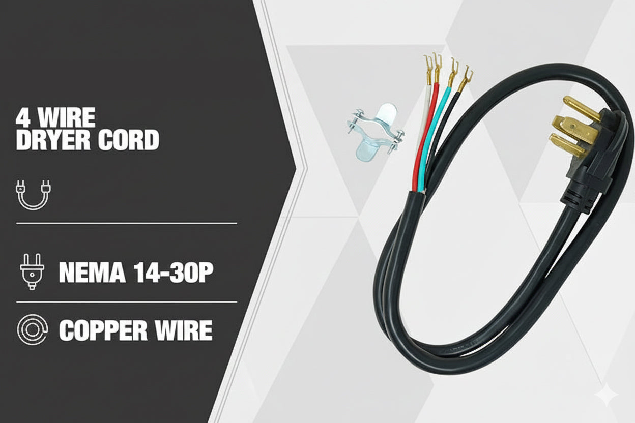 Electric Dryer Replacement Power Cord – 4 ft, 10/3, 30 Amp, 125/250V