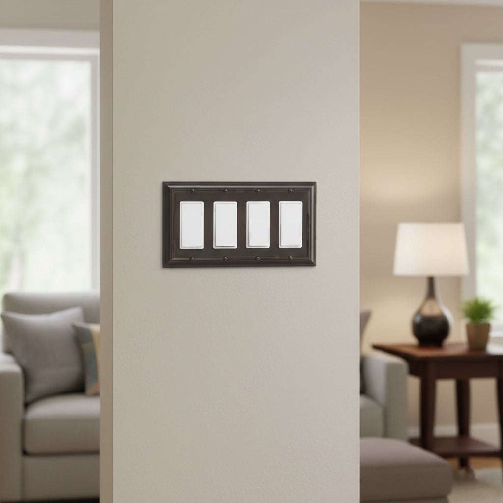4-Gang Rocker Switch Wall Plate Cover, Decora Style Light Switch Plate, Aged Bronze Finish, Decorative Electrical Wallplate for Home & Office