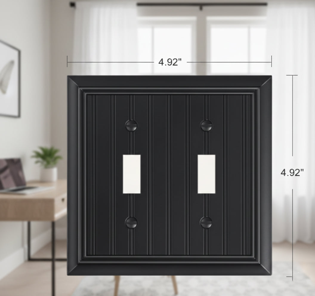 Beadboard Double Toggle Light Switch Wall Plate, Matte Black Decorative Switch Cover Made from Natural Bamboo Fiber, 2-Gang Toggle Wallplate, 1 Pack