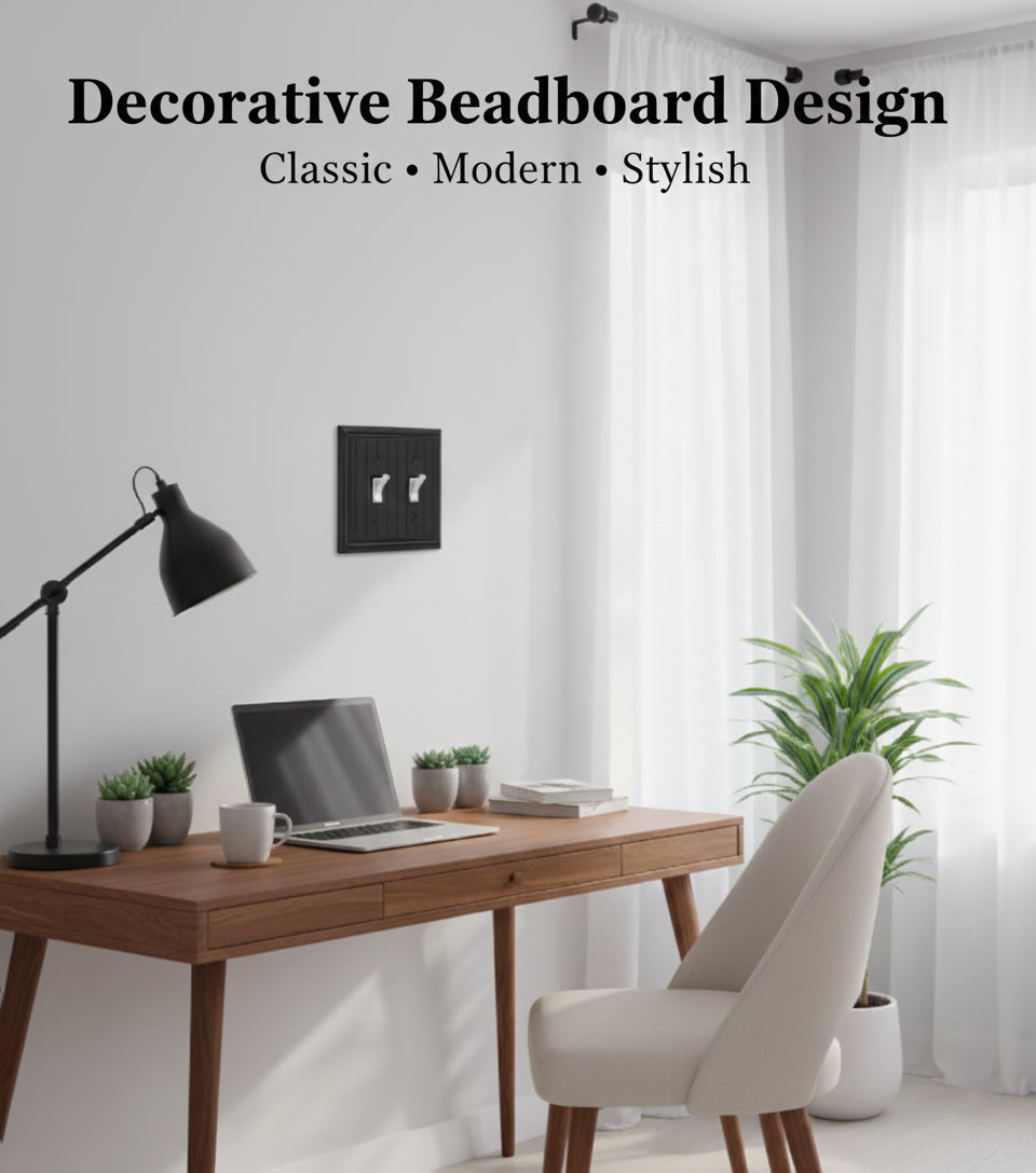 Beadboard Double Toggle Light Switch Wall Plate, Matte Black Decorative Switch Cover Made from Natural Bamboo Fiber, 2-Gang Toggle Wallplate, 1 Pack