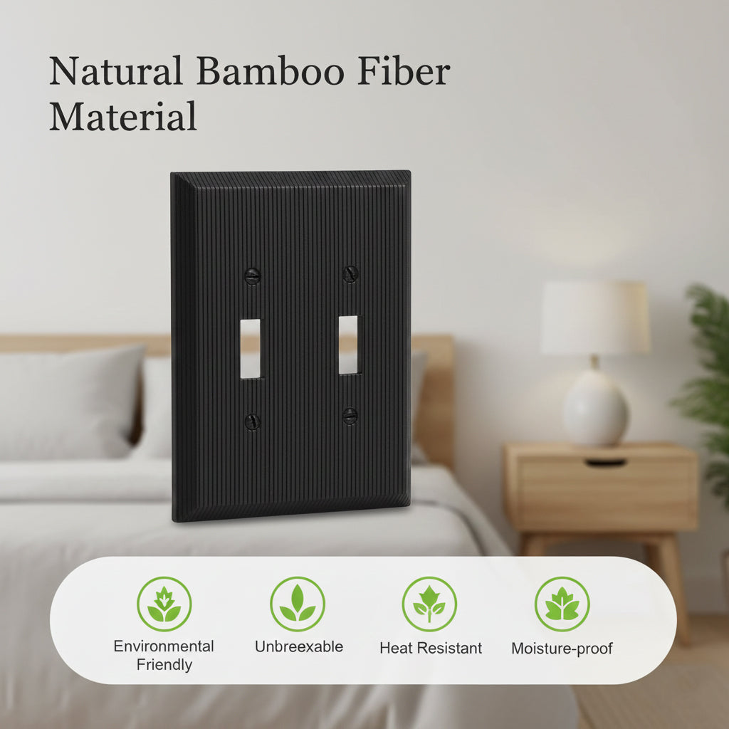 Beadboard Double Toggle Light Switch Wall Plate, Matte Black Decorative Switch Cover Made from Natural Bamboo Fiber, 2-Gang Toggle Wallplate, 1 Pack