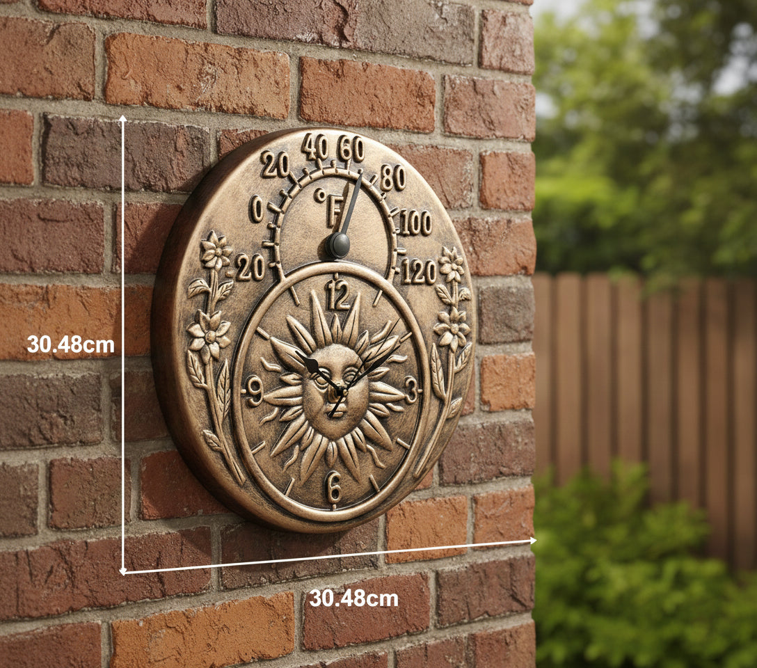 Outdoor Wall Clock and Thermometer – Terra-Cotta / Antique Gold Finish - Yalz Store