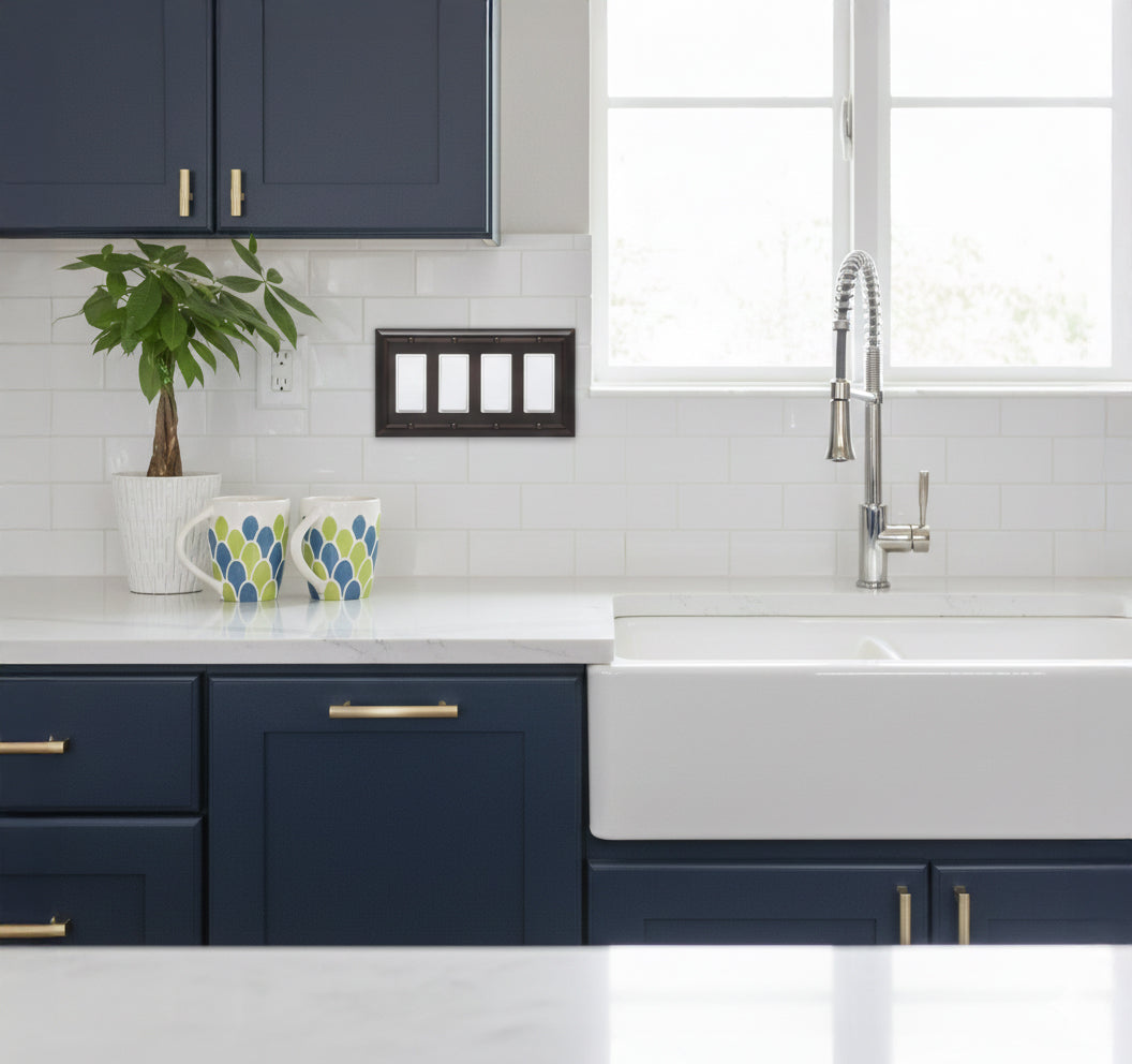 4-Gang Rocker Switch Wall Plate Cover, Decora Style Light Switch Plate, Aged Bronze Finish, Decorative Electrical Wallplate for Home & Office