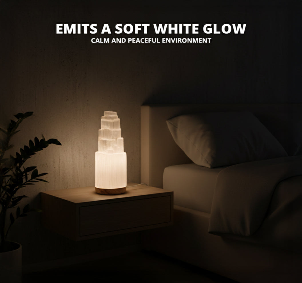 Healing Selenite Crystal Lamp – Hand-Carved Moroccan Stone Light with Dimmer for Energy Cleansing & Home Decor - Yalz Store