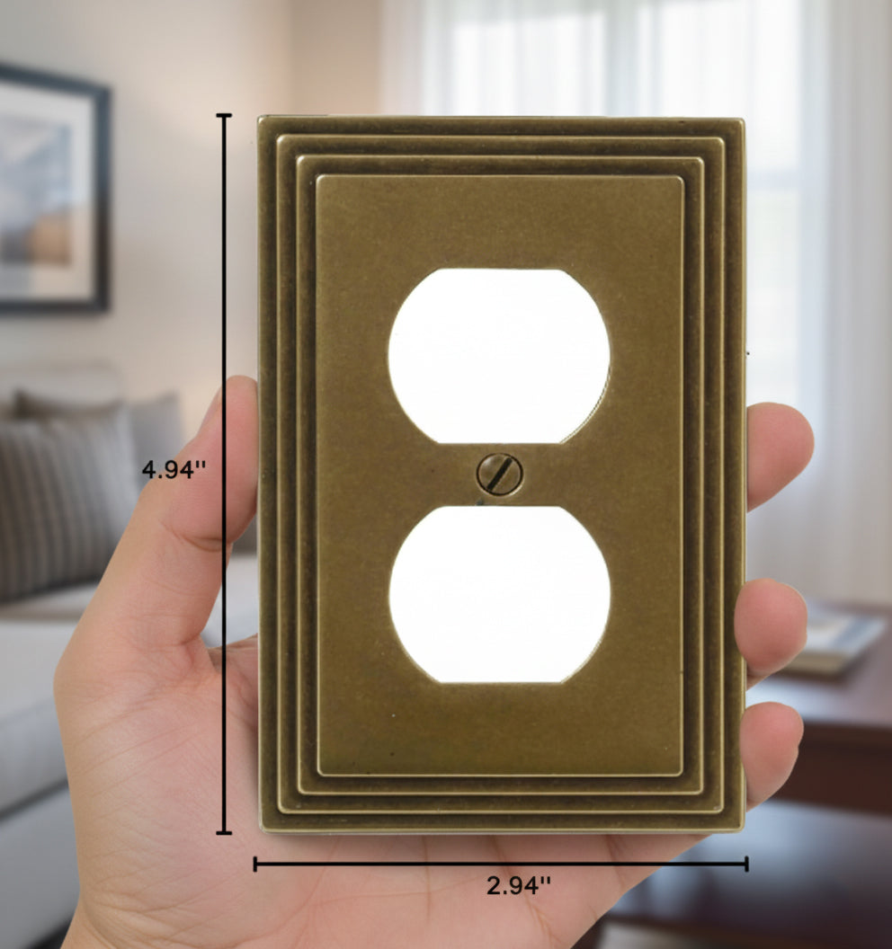 Rustic Brass Cast Metal Duplex Wall Plate Cover, Single Outlet Decorative Wallplate with Textured Finish for Home & Office