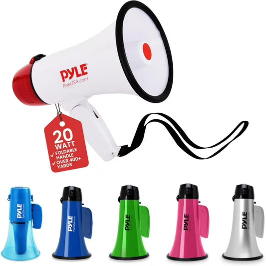 Pyle 20W Megaphone Bullhorn - 5.4'' x 8.6'' Portable Megaphone, Projection Range Up to 800 Sq. Yards, Voice Talking & Siren Alert, Shoulder Strap, Battery Operated, (White)