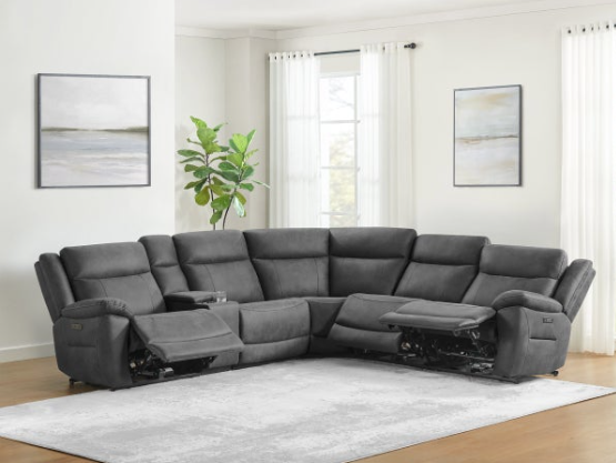 alt="Modern L-shape fabric sectional with power recliners