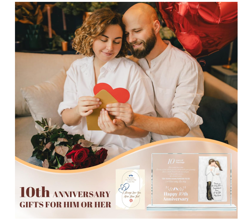 Dofunings 10th Wedding Anniversary Crystal Plaque Gifts for Parents Couple, Happy Anniversary Couple Figurine for Him Her, 10 Years of Marriage Crystal Decoration Keepsake Gift - Yalz Store