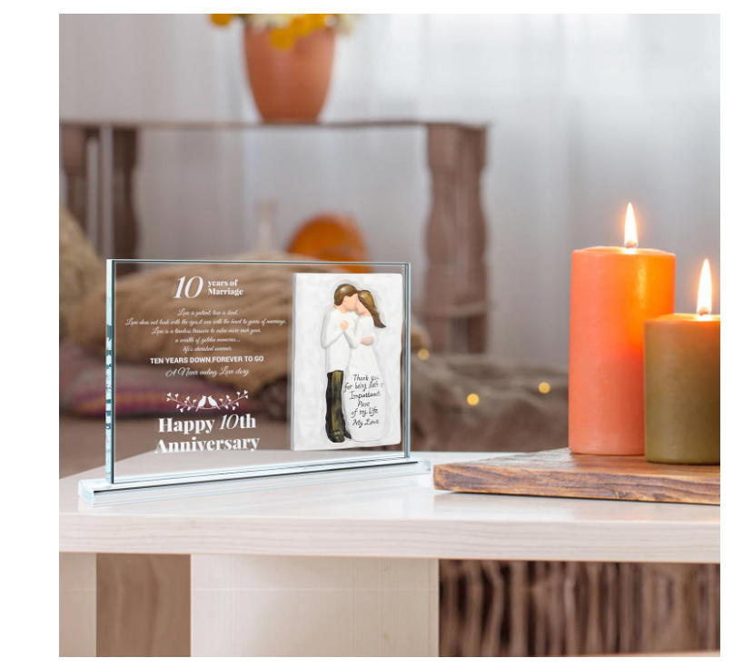 Dofunings 10th Wedding Anniversary Crystal Plaque Gifts for Parents Couple, Happy Anniversary Couple Figurine for Him Her, 10 Years of Marriage Crystal Decoration Keepsake Gift - Yalz Store