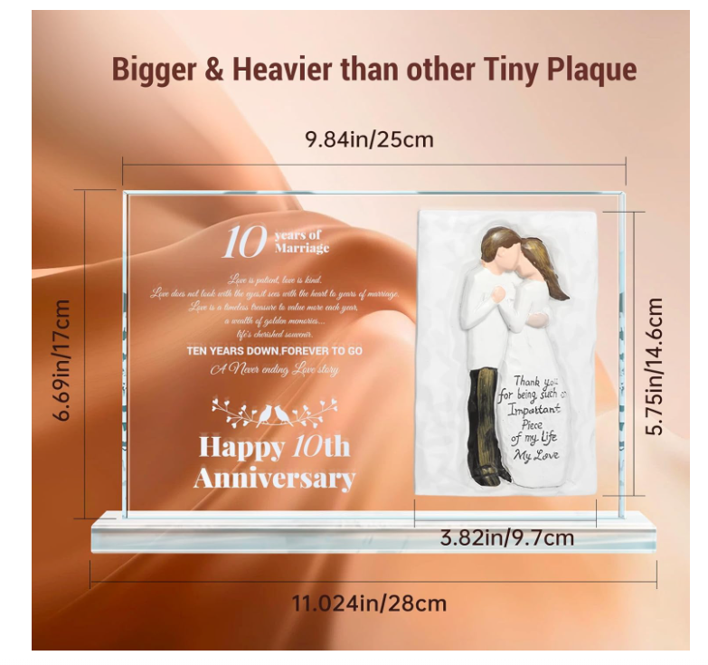 Dofunings 10th Wedding Anniversary Crystal Plaque Gifts for Parents Couple, Happy Anniversary Couple Figurine for Him Her, 10 Years of Marriage Crystal Decoration Keepsake Gift - Yalz Store
