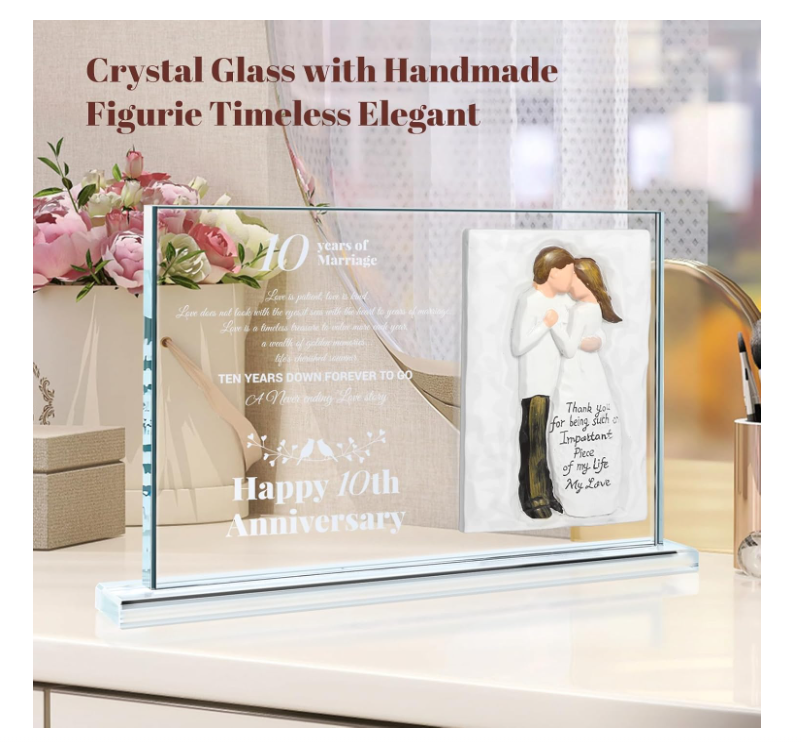 Dofunings 10th Wedding Anniversary Crystal Plaque Gifts for Parents Couple, Happy Anniversary Couple Figurine for Him Her, 10 Years of Marriage Crystal Decoration Keepsake Gift - Yalz Store