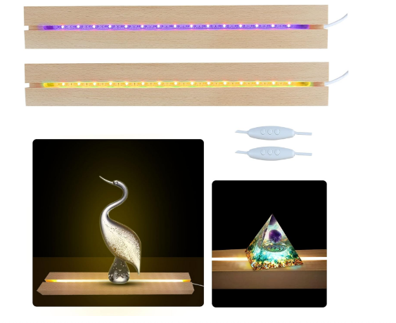 11.81 Inch Rectangle Display Pedestal,2 Pcs Wooden LED Light Display Base LED Lights Display Pedestal 7 Colores Stand Adjustable Brightness USB Night Lamp Base (Rectangular) - Yalz Store