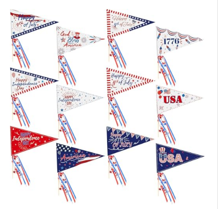 4th of July Patriotic Pennant Flags, 12x8 Inch, 24 Pack, USA Independence Day Party Decorations with Ribbons - Yalz Store