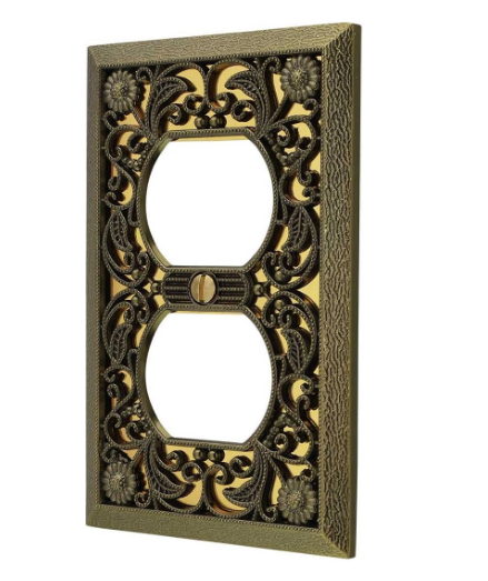 Decorative Filigree Duplex Wall Plate Cover, Single Receptacle Outlet Cover with Antique Brass Finish, Metal Electrical Wallplate for Home Decor - Yalz Store