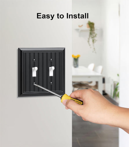 Beadboard Double Toggle Light Switch Wall Plate, Matte Black Decorative Switch Cover Made from Natural Bamboo Fiber, 2-Gang Toggle Wallplate, 1 Pack