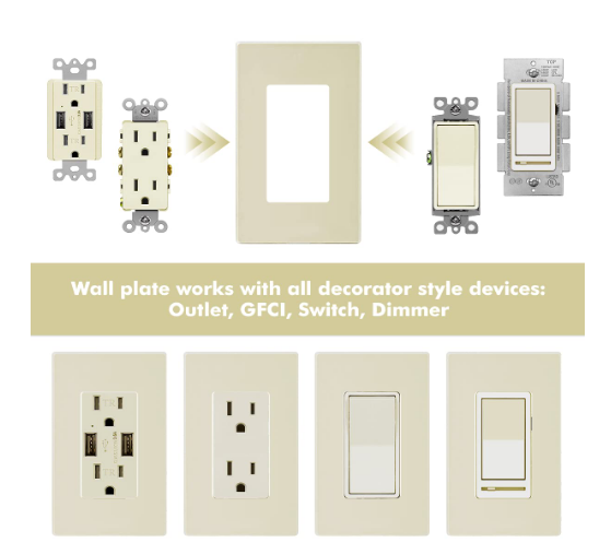 1-Gang Screwless Decorator Wall Plate, Glossy Ivory GFCI Outlet or Switch Cover, Unbreakable Polycarbonate Electrical Wallplate, Standard Size, 1 Pack - Yalz Store