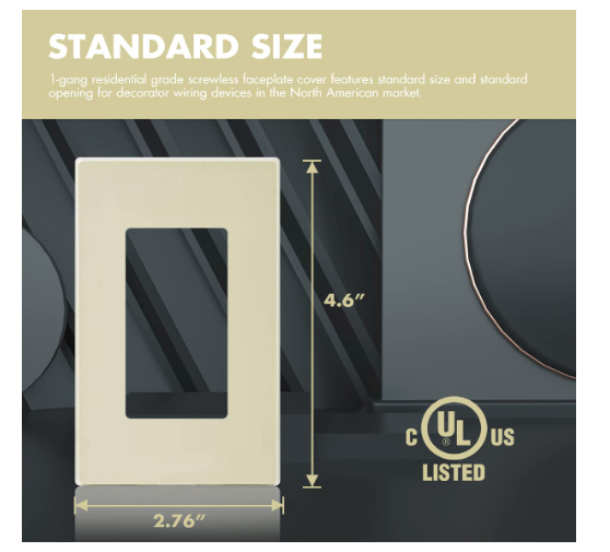 1-Gang Screwless Decorator Wall Plate, Glossy Ivory GFCI Outlet or Switch Cover, Unbreakable Polycarbonate Electrical Wallplate, Standard Size, 1 Pack - Yalz Store