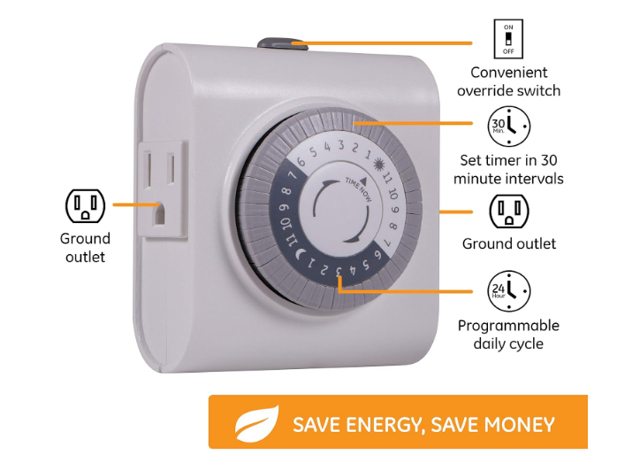 24-Hour Indoor Plug-In Mechanical Timer Switch with Large Dial, Daily On/Off Cycle, 30-Minute Intervals, Single Polarized Outlet, Grey & White - Yalz Store