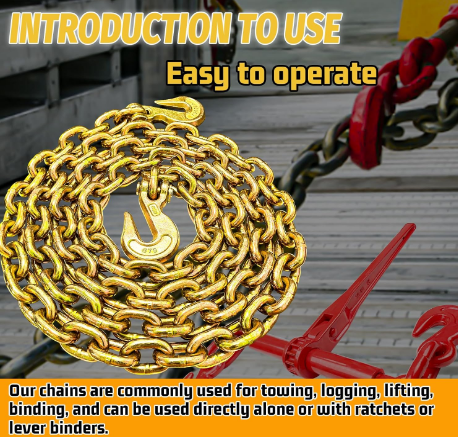 Transport Binder Chain 3/8" x 10 ft, Heavy Duty Lifting & Towing Chain with 7100 lbs Working Load Limit, Log Safety Tie Down Chain for Flatbed Trailers, Trucks, Boats - Yalz Store
