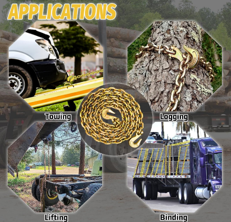 Transport Binder Chain 3/8" x 10 ft, Heavy Duty Lifting & Towing Chain with 7100 lbs Working Load Limit, Log Safety Tie Down Chain for Flatbed Trailers, Trucks, Boats - Yalz Store