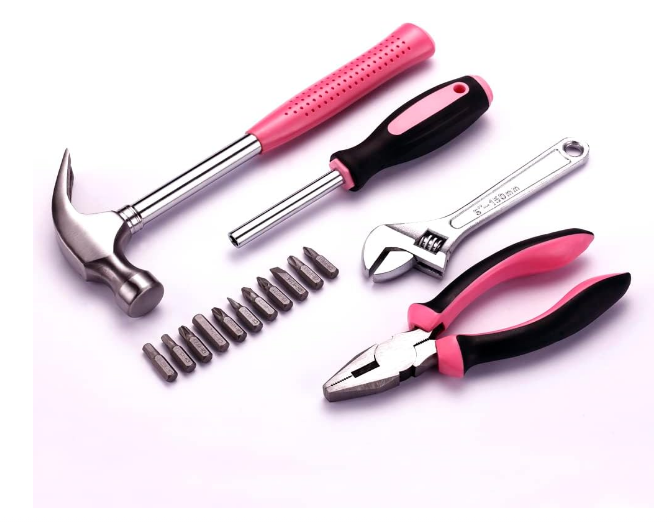 15-Piece Pink Hand Tool Set for Home & DIY, Includes Hammer, Screwdrivers, Pliers, Tweezers & Tape Measure