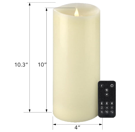 Flameless LED Pillar Candles with Remote Control, 4 x 10 Inch Real Wax Candles with 3D Flickering Moving Flame, Battery Operated, Indoor Home Decor, Ivory