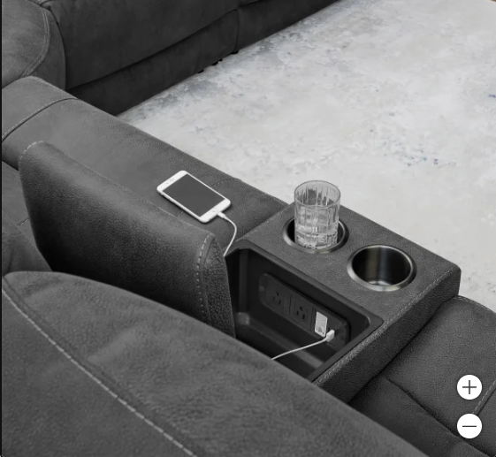 alt="Modern L-shape fabric sectional with power recliners