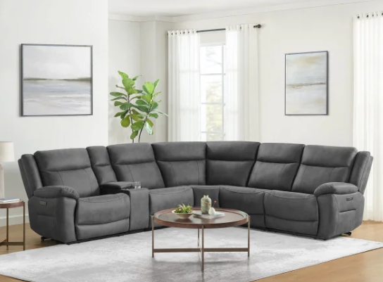 alt="Modern L-shape fabric sectional with power recliners