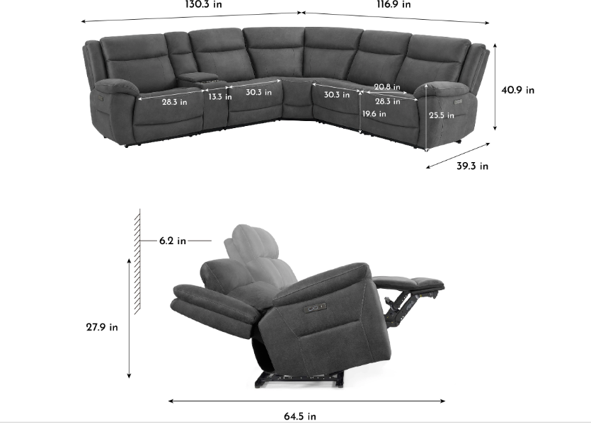 alt="Modern L-shape fabric sectional with power recliners