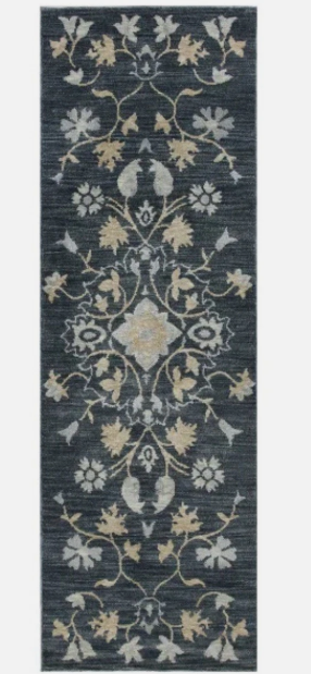 Dark gray floral patterned runner rug with beige and light gray symmetrical vine and flower motifs