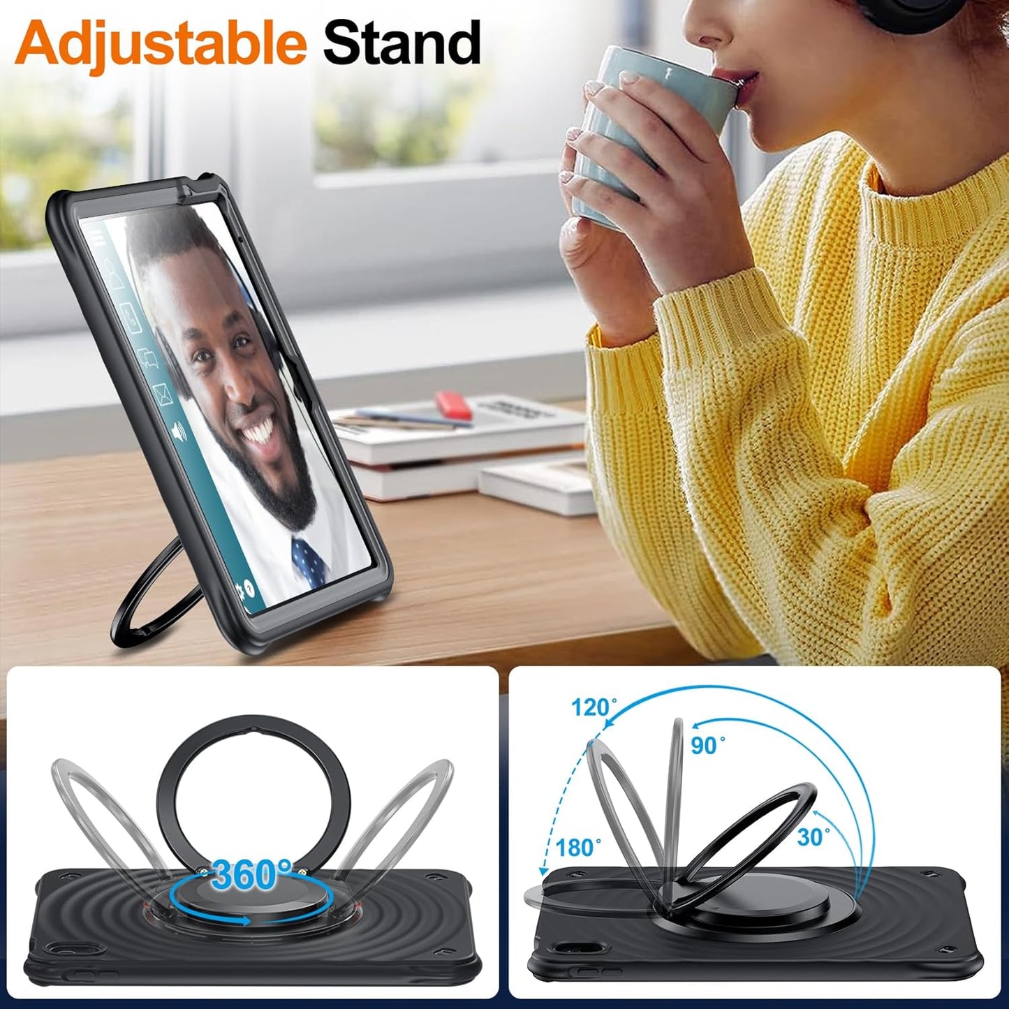 Person using a tablet on an adjustable stand with a 360-degree view and close-up details.